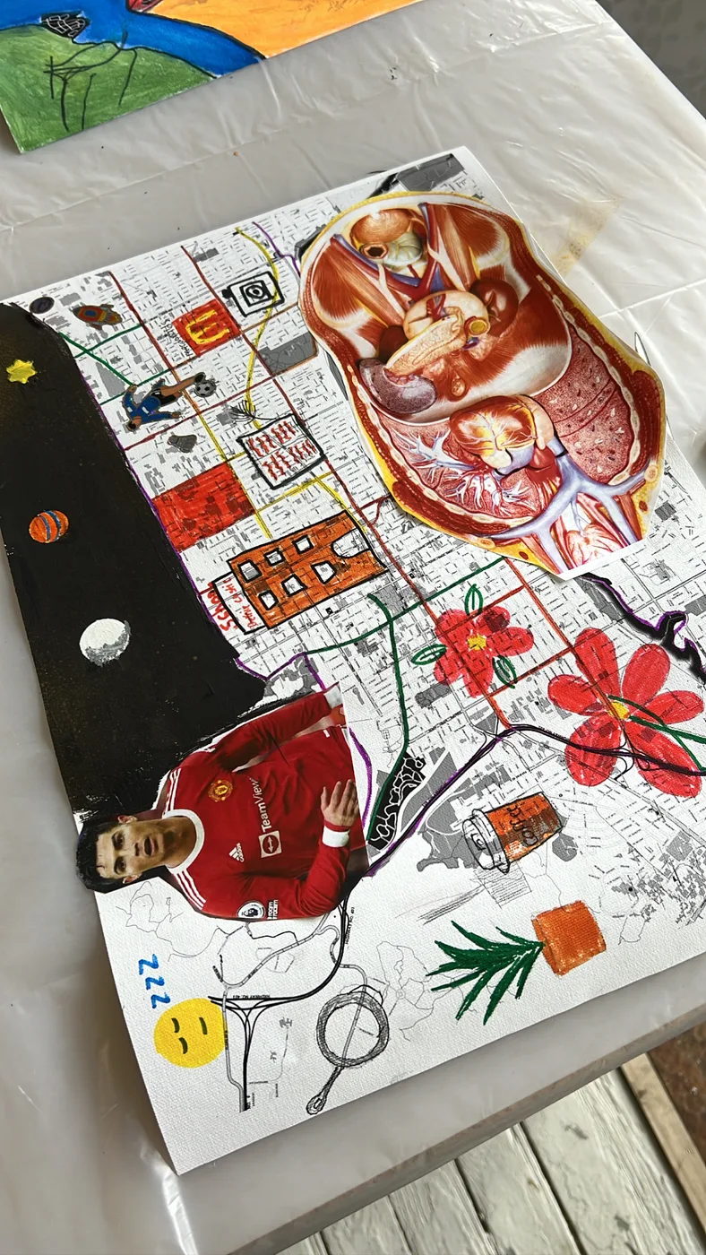 Map collage with anatomy cutout, flowers and planets