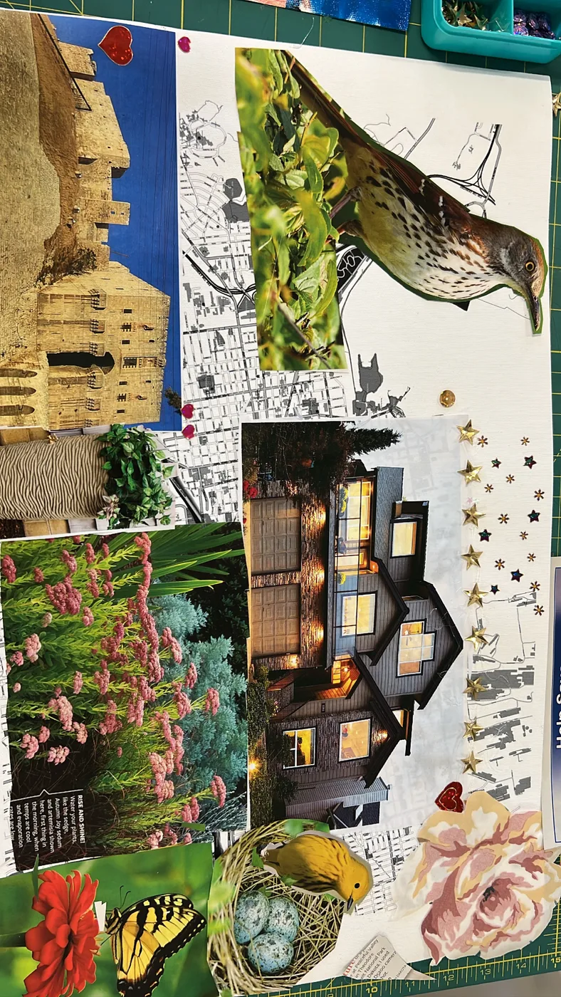 Map collage with bird, house and garden cutouts
