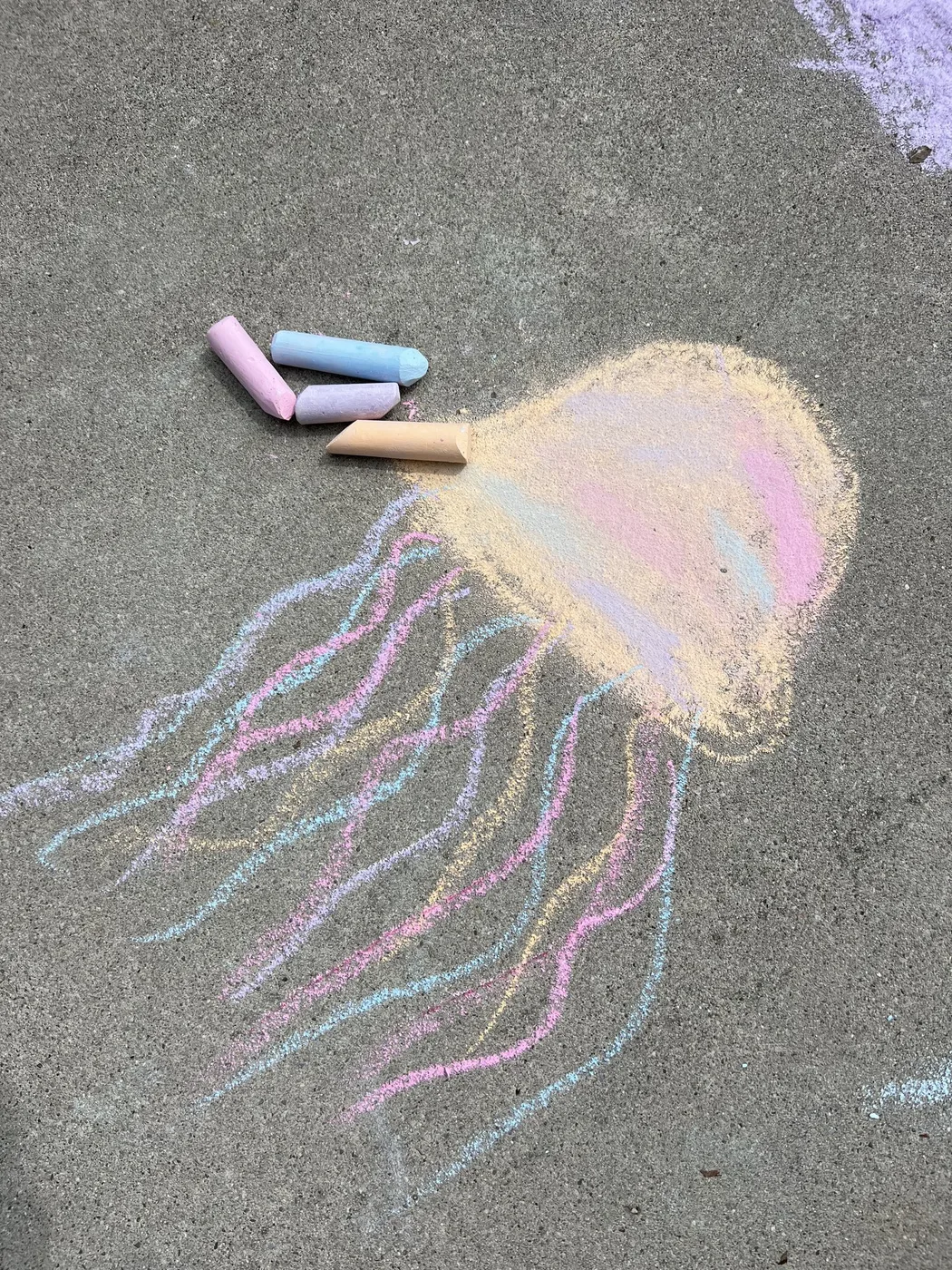 Pastel chalk jellyfish drawn on pavement