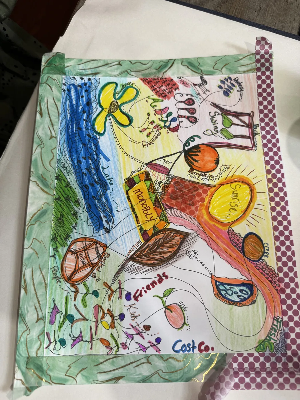 Coloured memory doodle with lake, sunrise and pumpkin