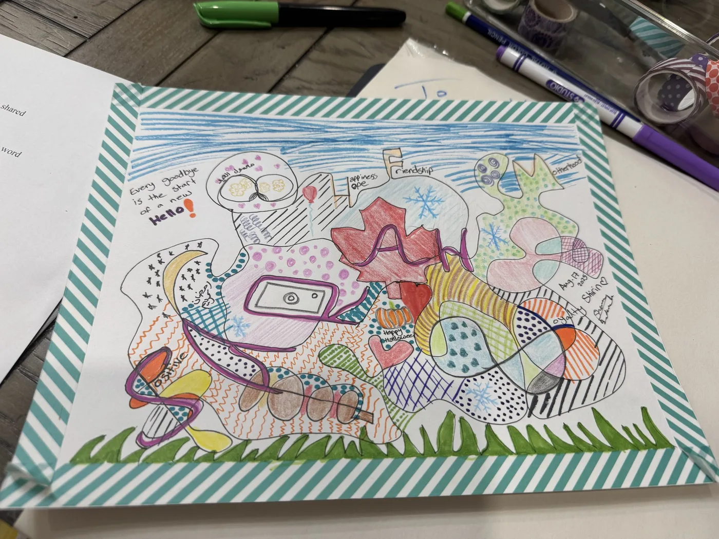 Memory doodle with maple leaf, hearts and patterns