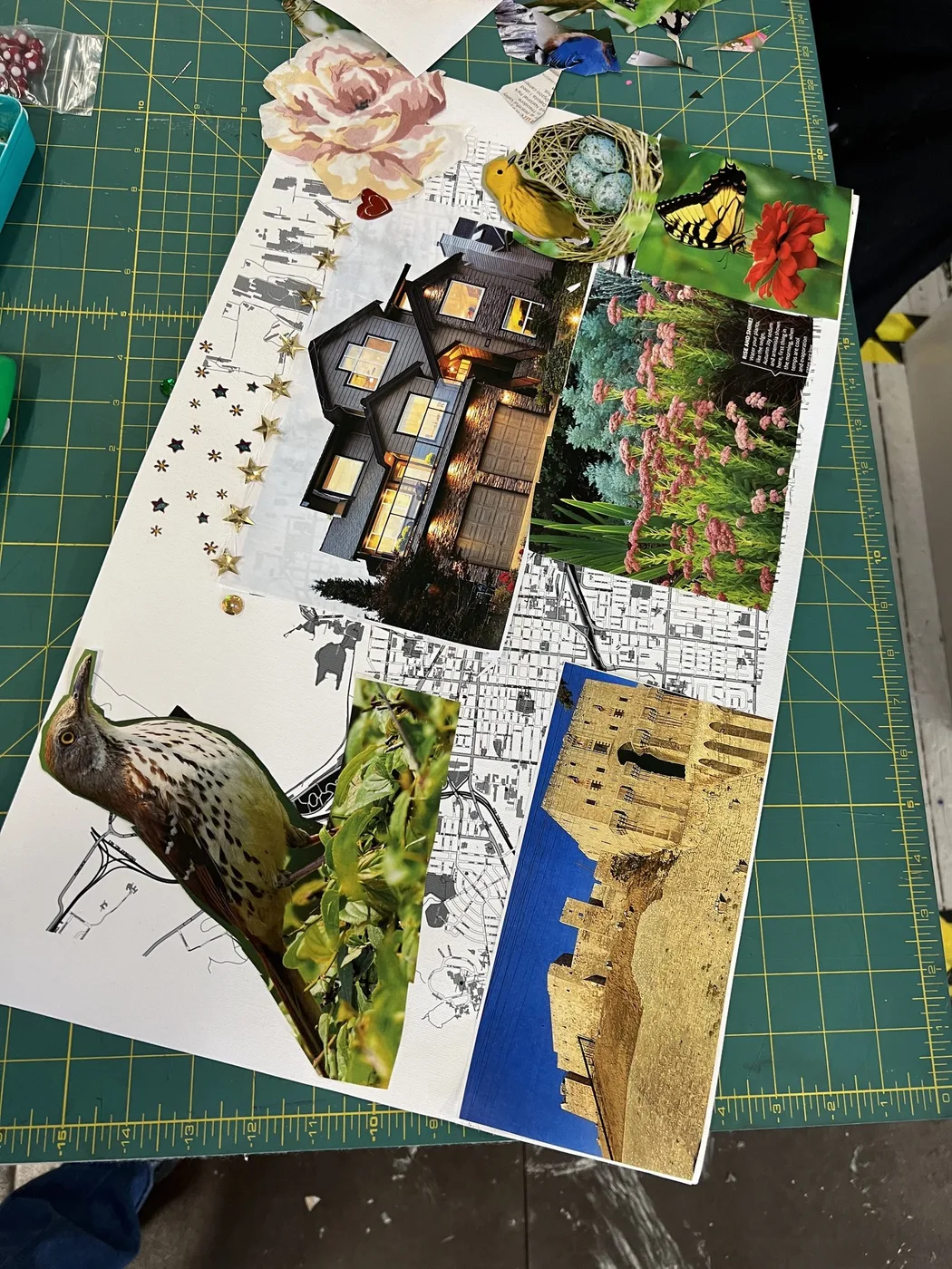 Map collage with bird, house, flowers and castle