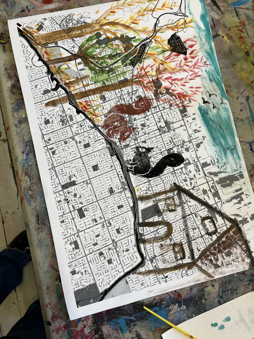 Map collage with drawn animals and a brown river