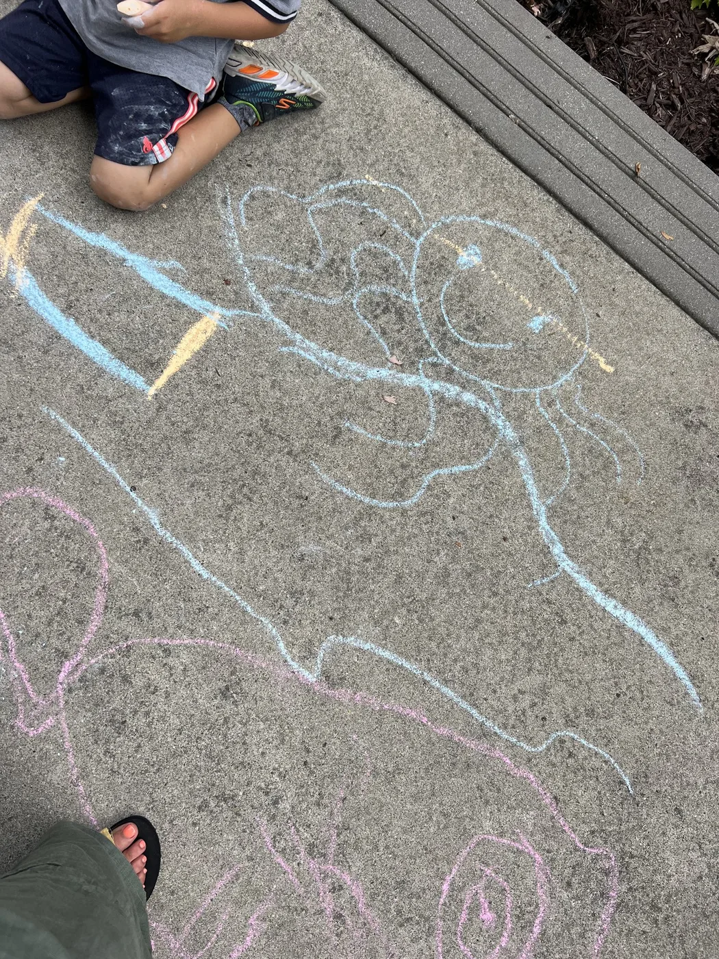 Chalk sea creatures drawn across a courtyard floor