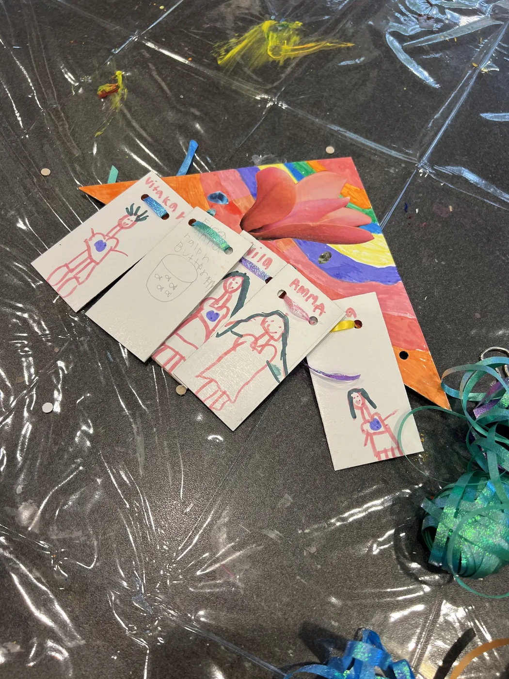 Orange pennant with drawn family tags