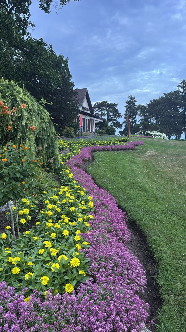 Curving flower beds beside a lawn