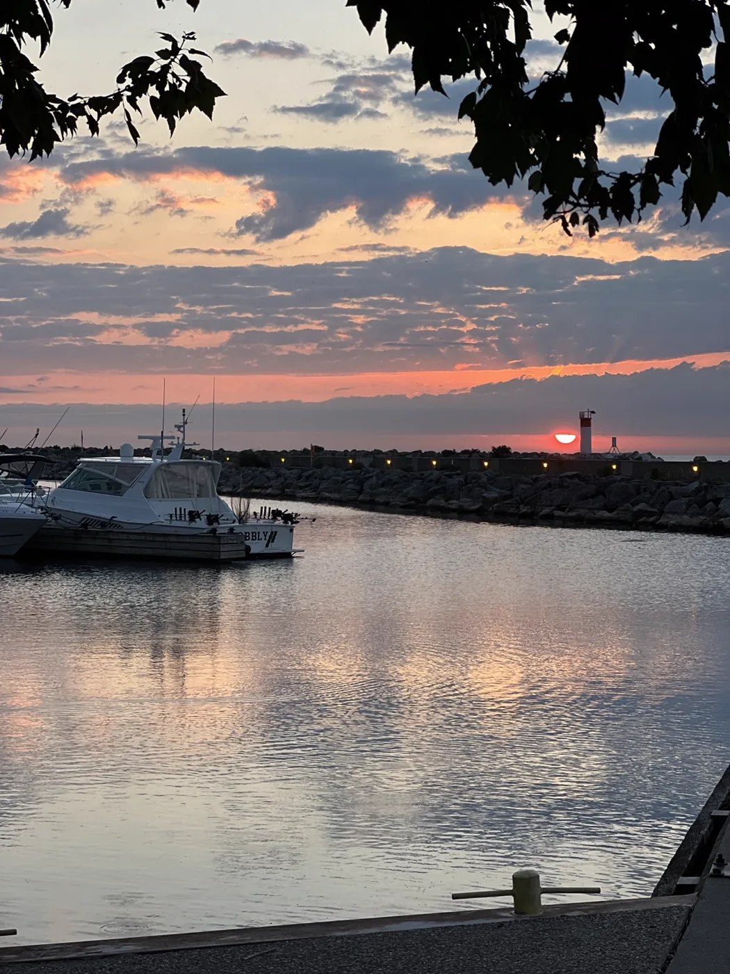 The harbour under bands of sunset cloud