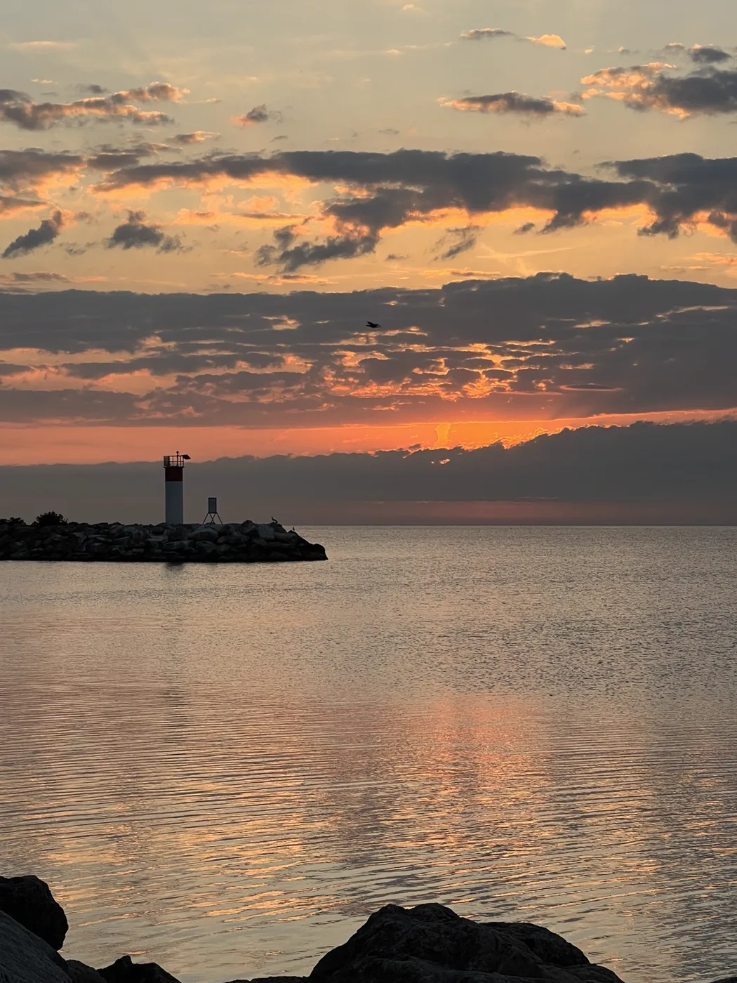 Orange clouds above a calm shoreline