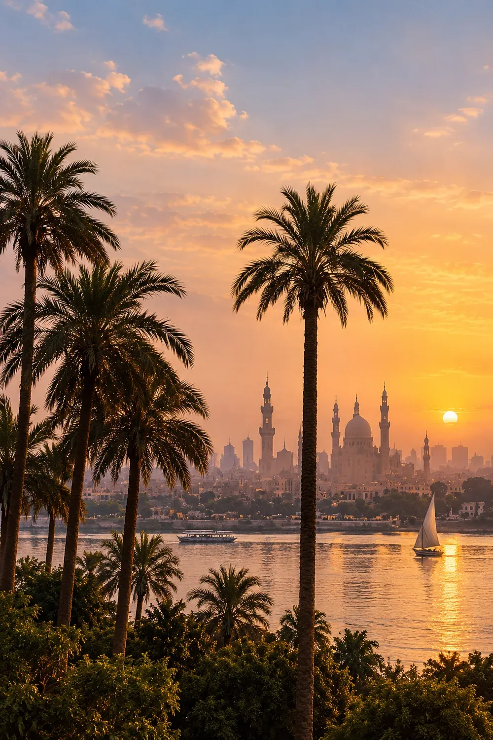 القاهرة من النيل عند الغروب، نخيل ومآذن؛ وتمثال ذهبي يرفع قرصاً، رسم توضيحي.