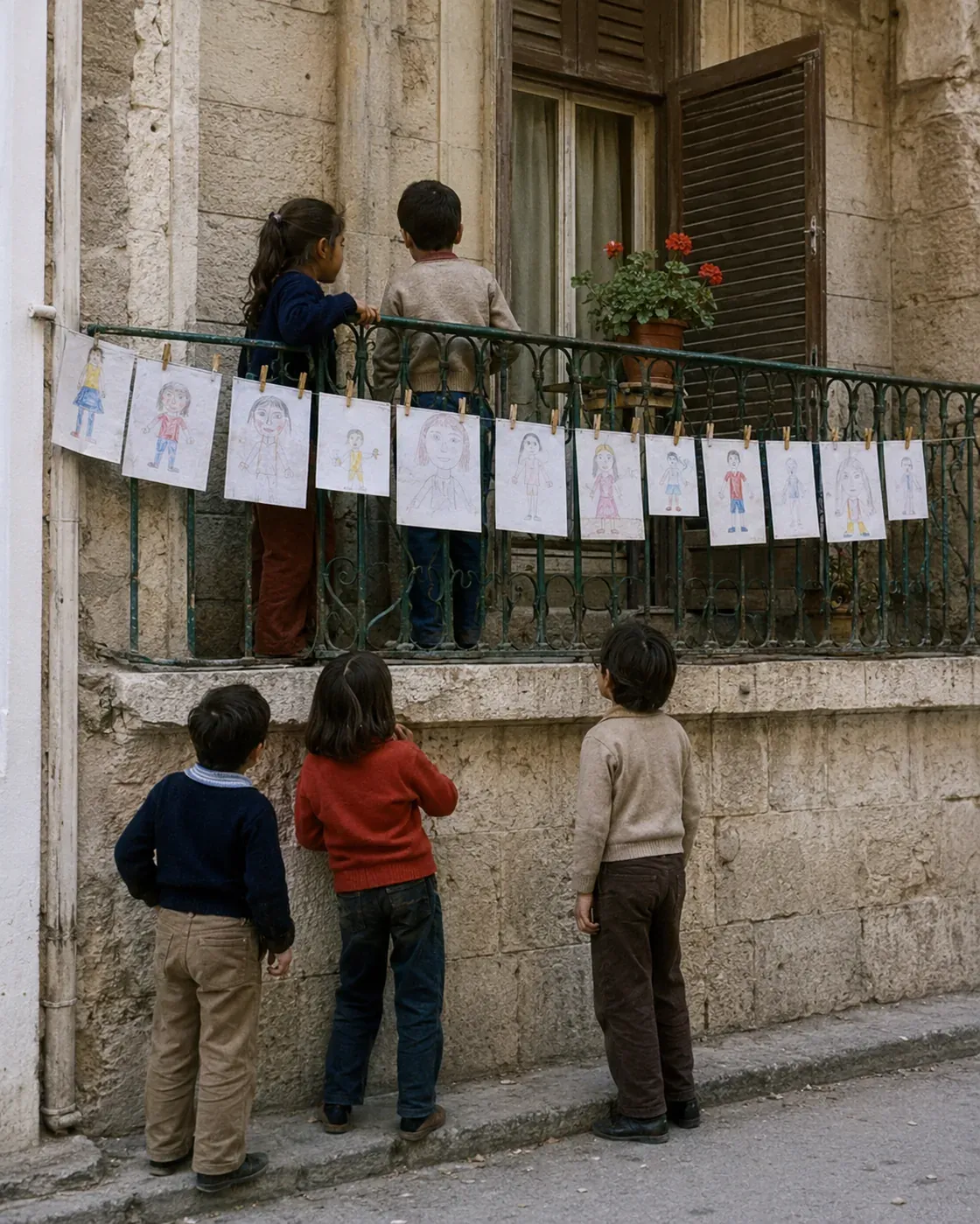 إعادة بناء لشارع في عمّان عام 1980: رسومات طفلة لوجوه وأشخاص معلّقة بمشابك على خيط عند درابزين شرفة، وخمسة أطفال ينظرون إليها.
