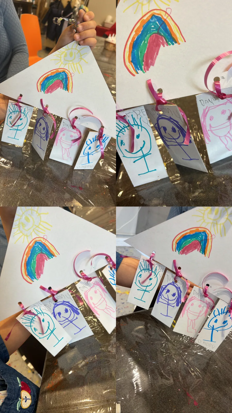 Children's rainbow drawings and paper-doll cutouts, four views