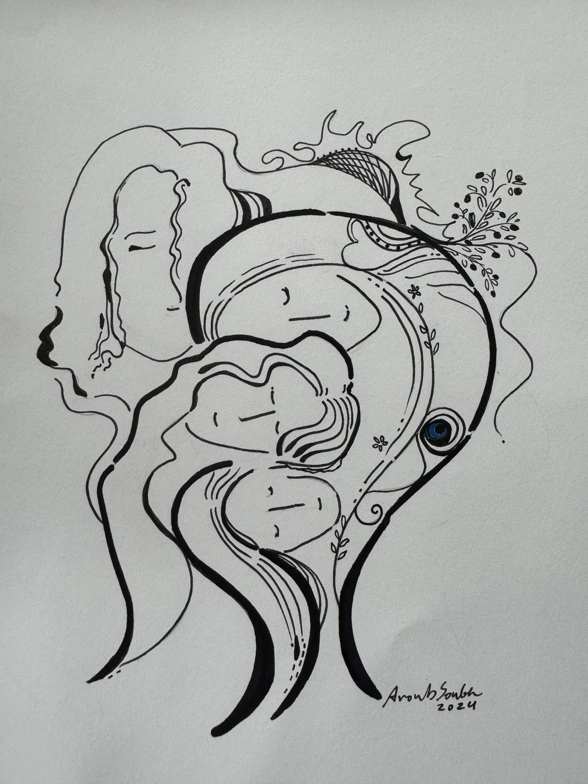 Original ink drawing of intertwined faces