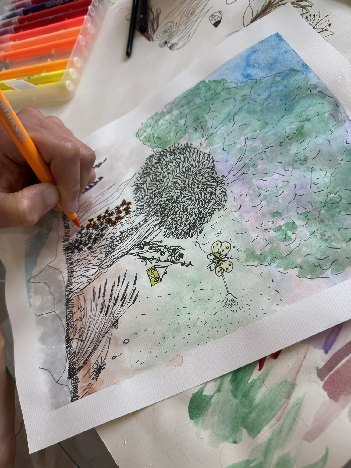 Adding detail to the tree drawing.