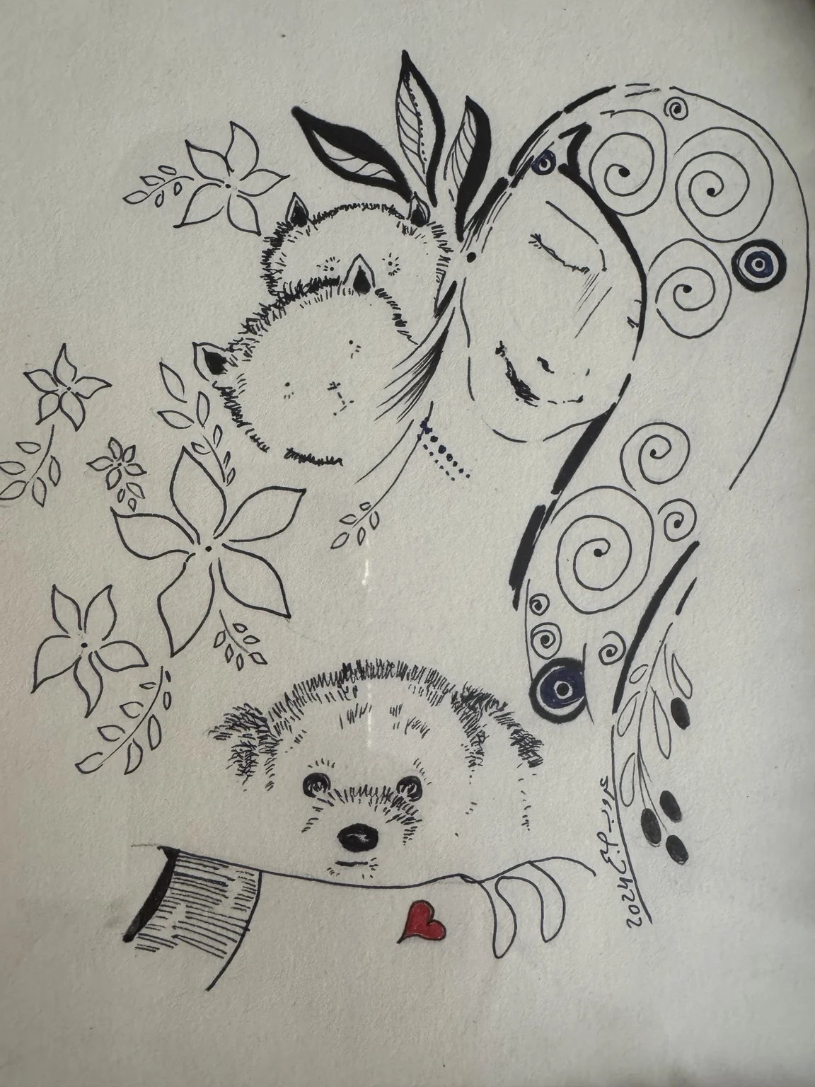 Original line drawing of a woman and dogs
