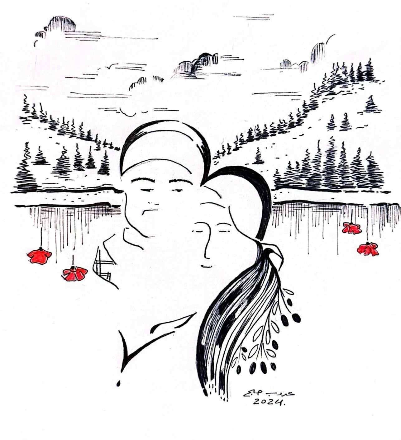 A man and a woman, cheek to cheek, before a lake and pine hills, with red poppies hanging from the shore