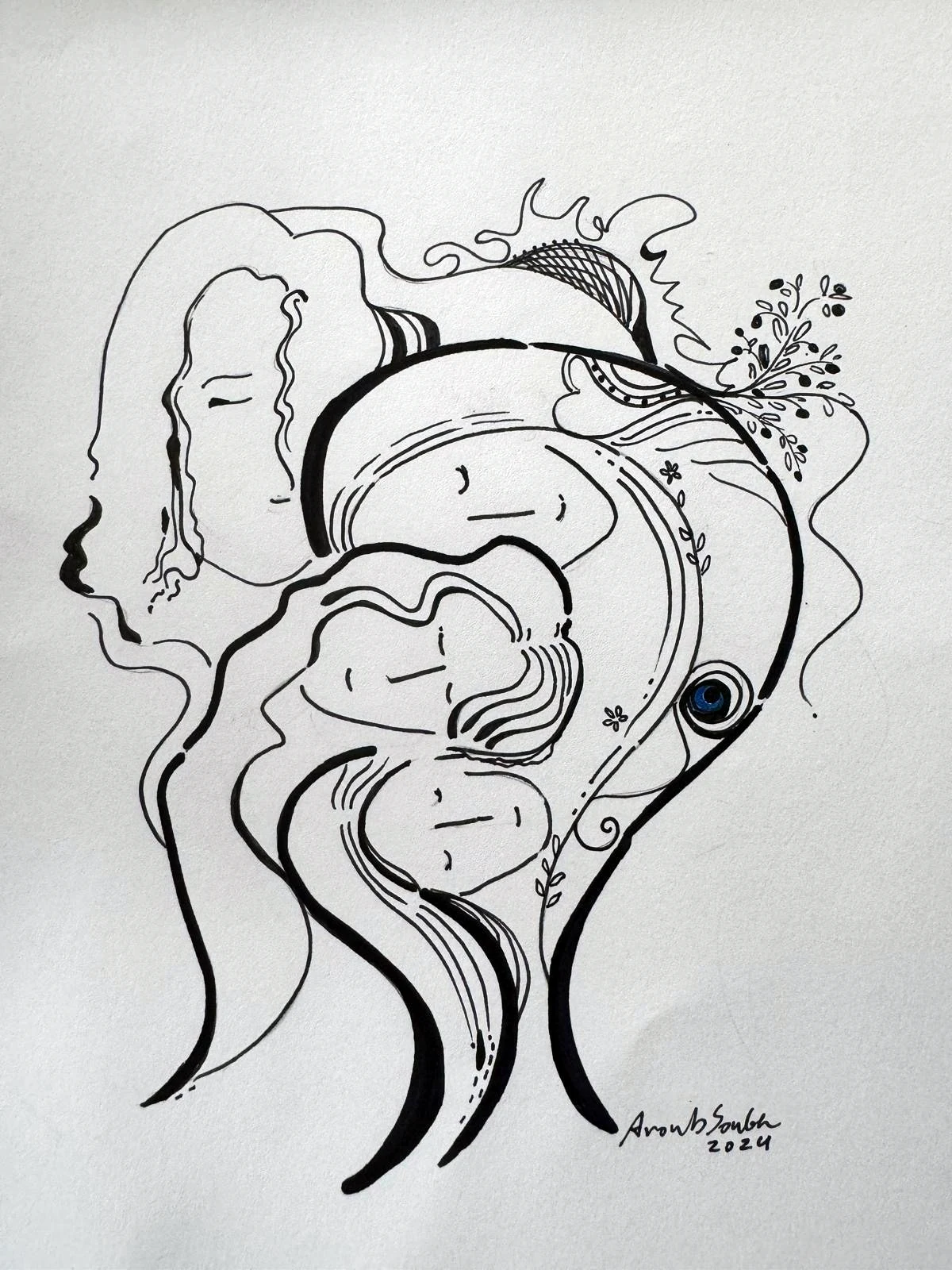 A family in one flowing ink line: four faces nested in each other’s hair, a sprig of leaves, a single blue eye