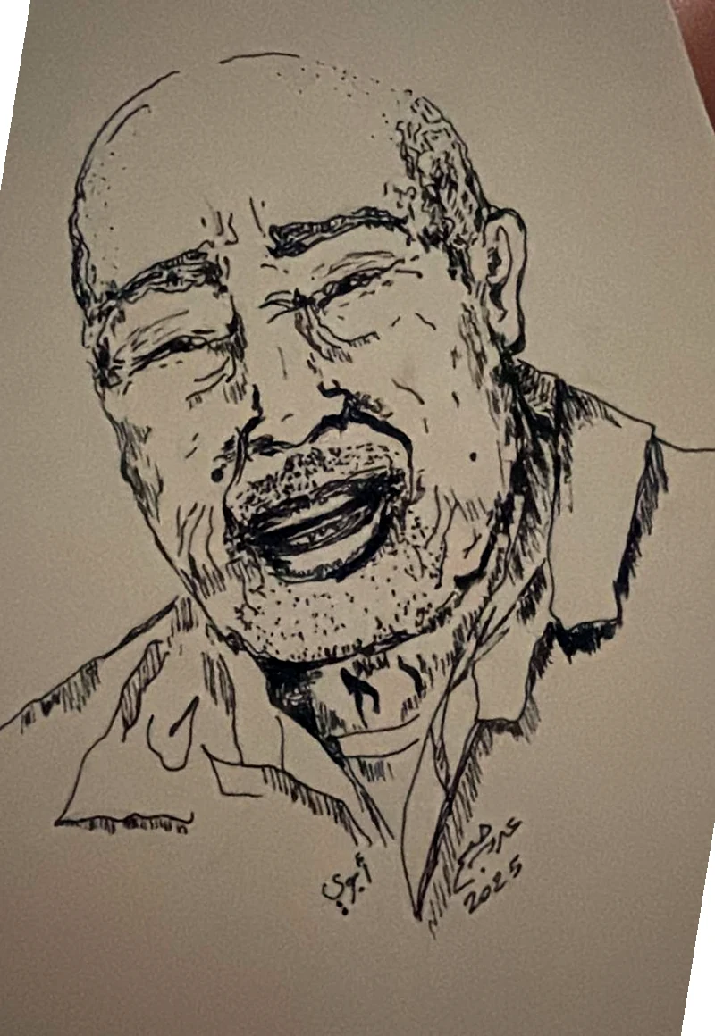 Her father, laughing, in ink: an open collar, a stubbled chin, the word أبوي written beside him
