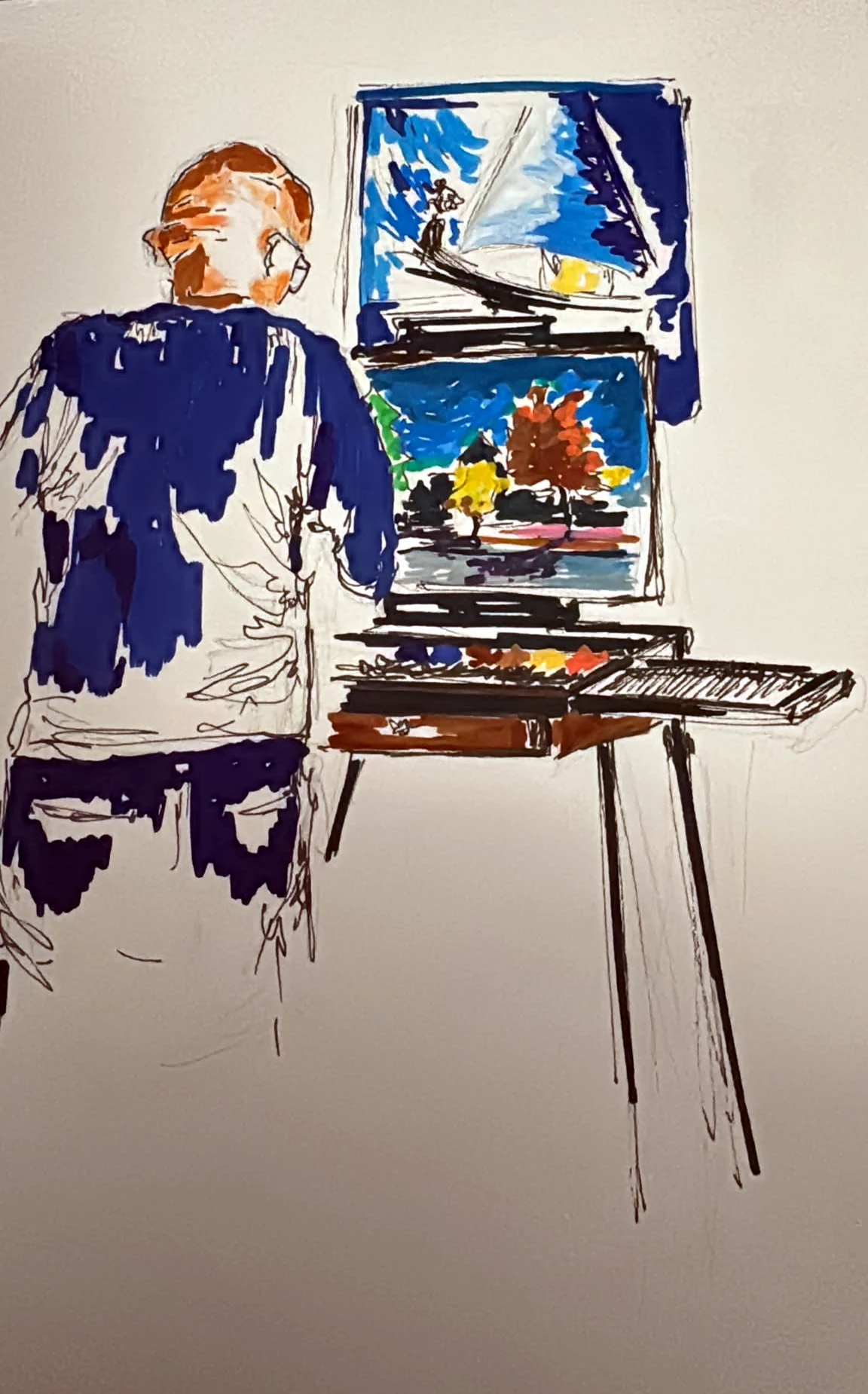 The same sketch finished in marker: cobalt shirt, two small paintings on the easel, a wooden paintbox